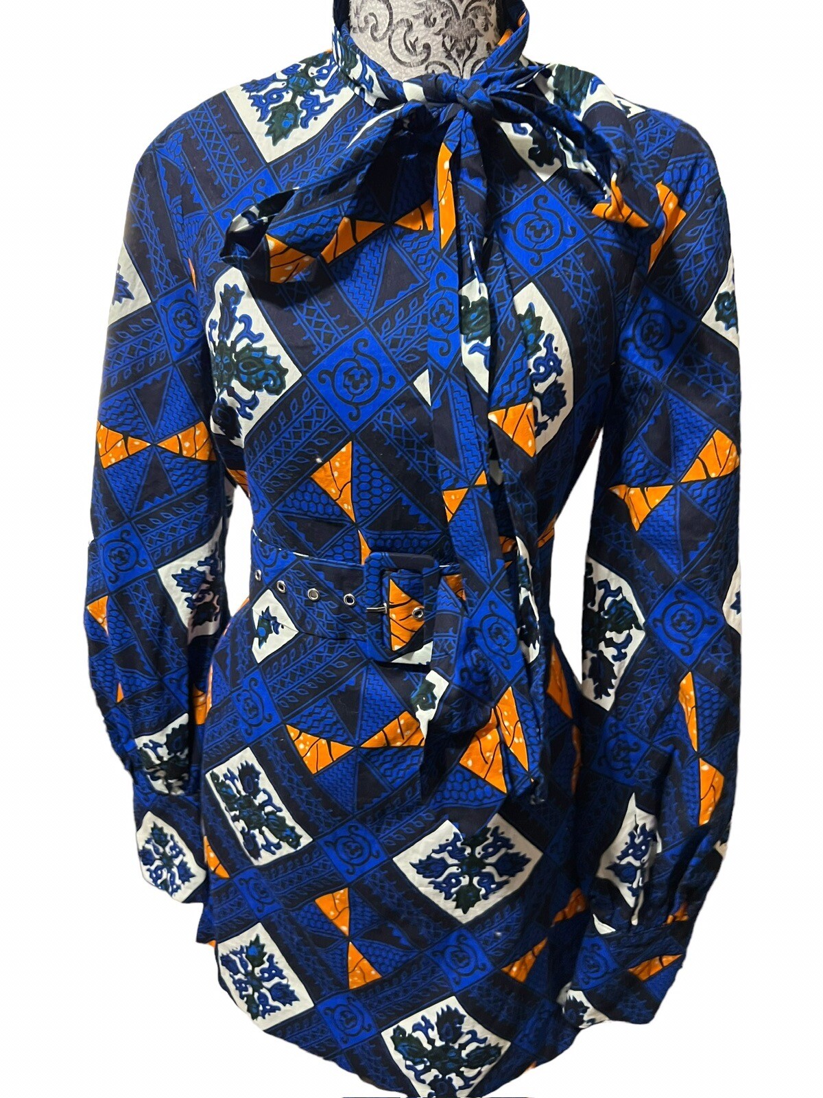 Ofuure African Print Mini Dress Small Long Puff Sleeve High Neck Pockets New