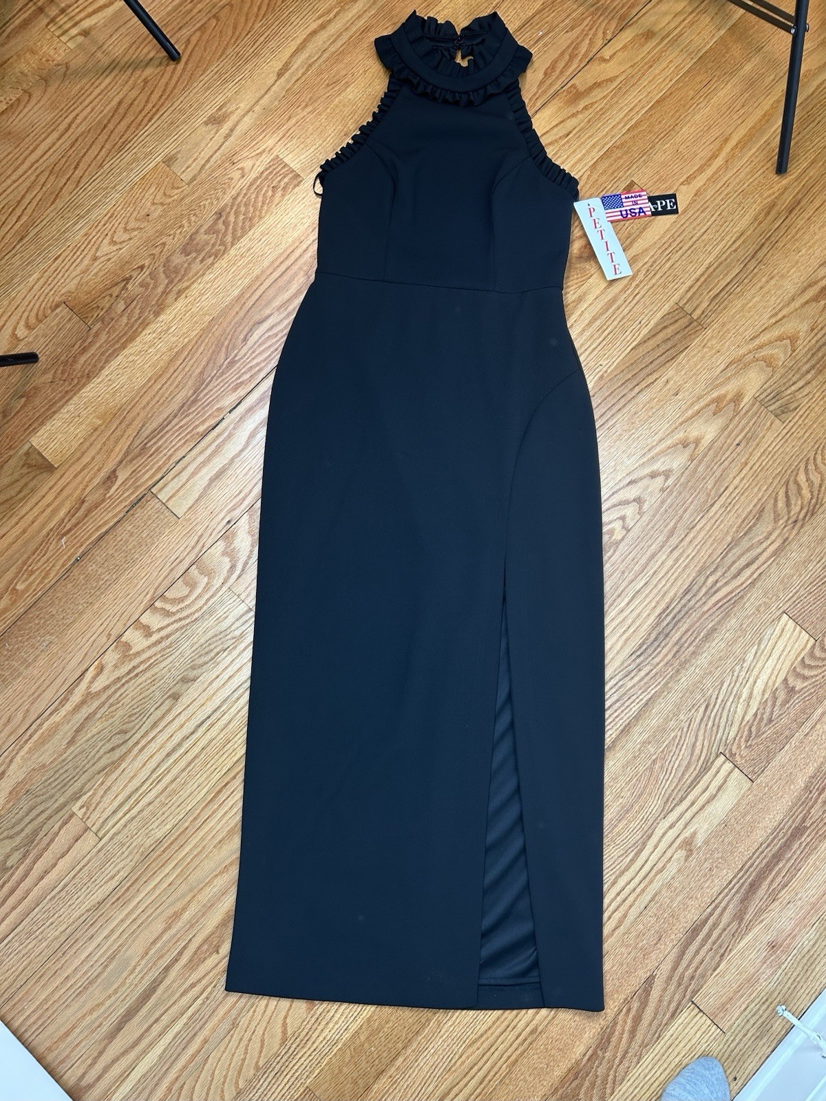 Xscape Ruffle Trim Mock Neck Evening Gown Black Dress Slit Front Sz 8Petite NWT