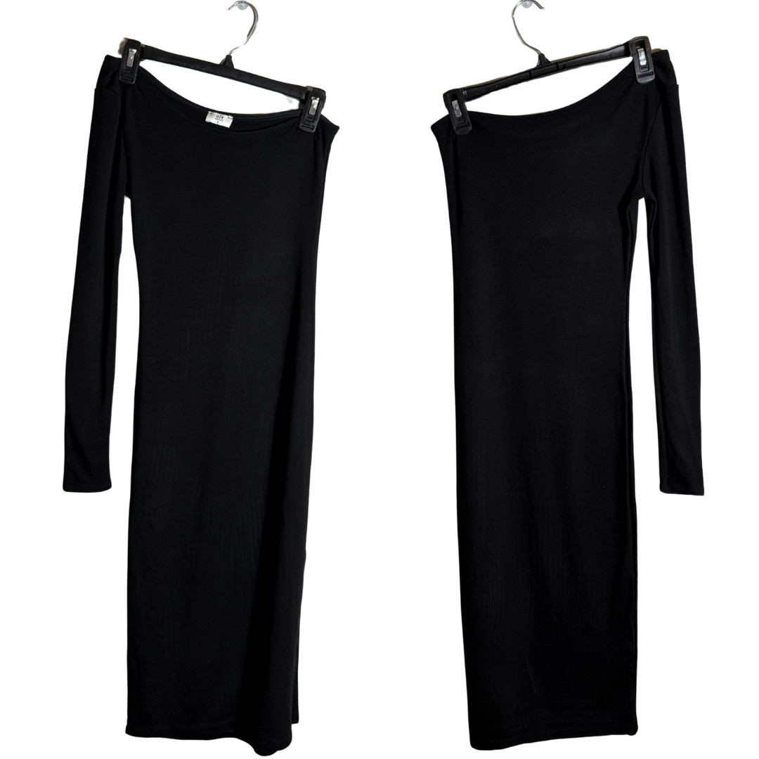 NLT One Shoulder Jersey Bodycon Midi Dress Women’s Small Black Side Slit LBD