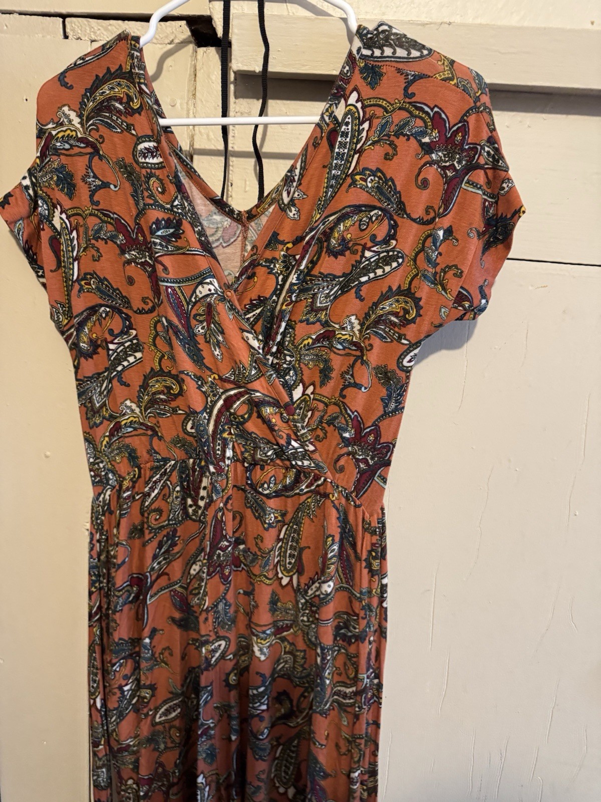 Haute Mama Orange Paisley V-Neck Short Sleeve Maxi Dress/long pants Pockets M