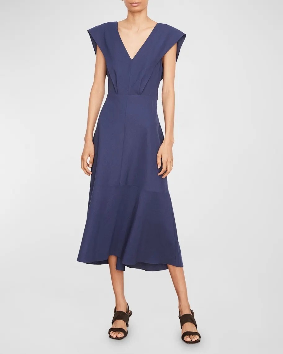 Vince V Neck Tie Back Flutter Sleeve Midi Dress Twilight Blue Womens Size XL