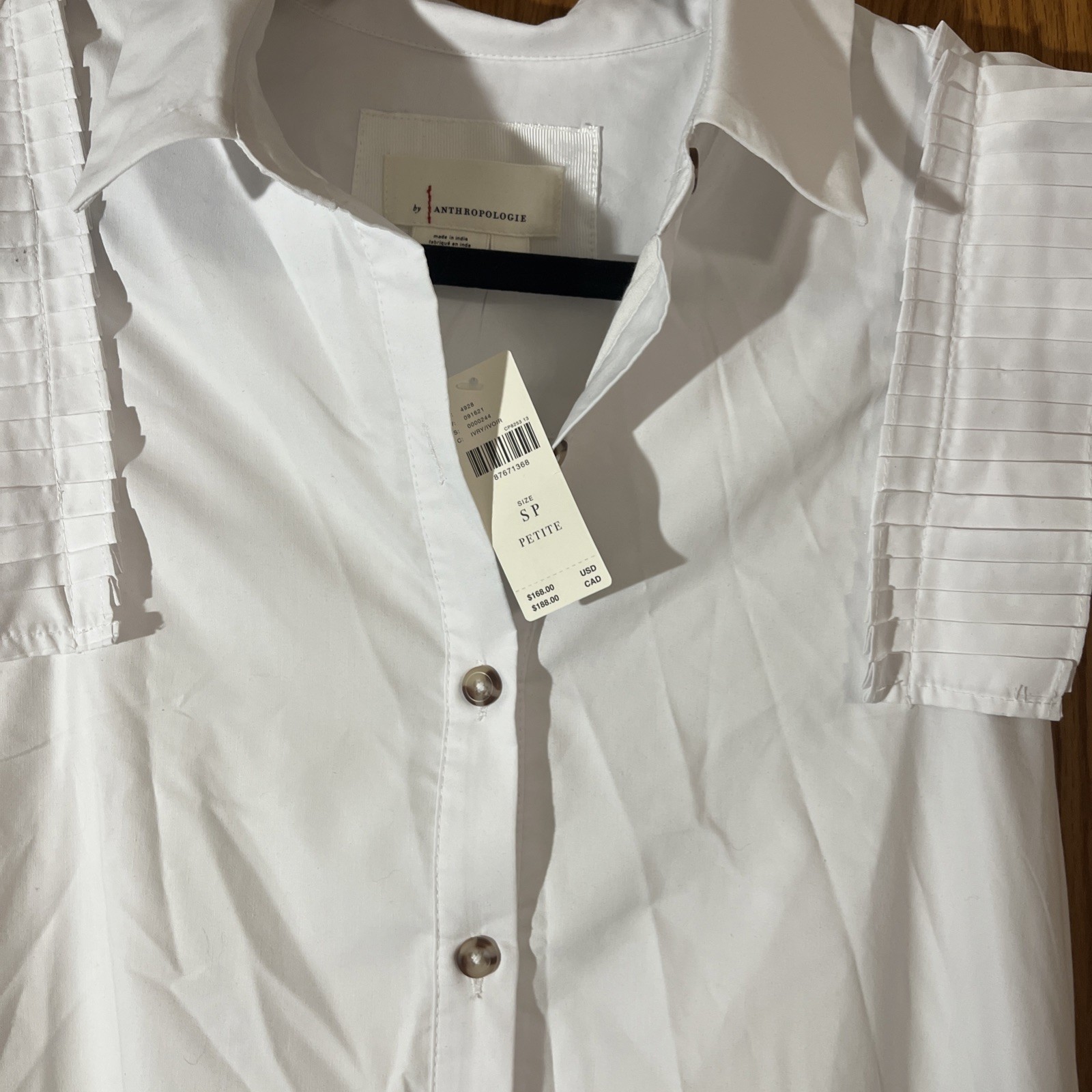 By ANTHROPOLOGIE White Pleated Button Front Ruffle Sleeveless Shirt Dress PS NWT