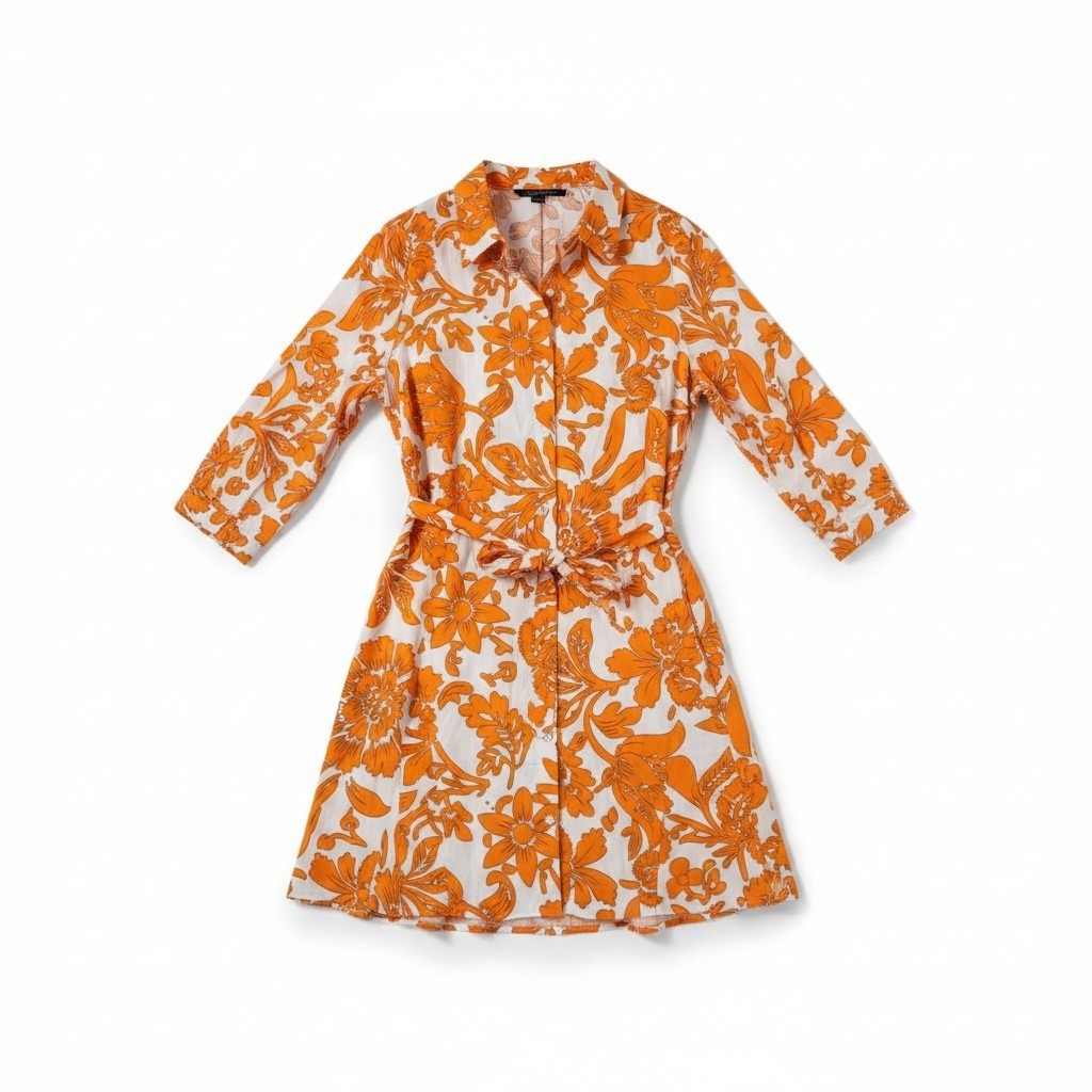 Cynthia Steffe Womens Orange White Floral Cotton Shirt Dress Long Sleeve Large