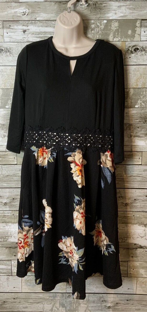 Owin Womens Black Floral 3/4 Sleeve Keyhole Top Dress Size XL