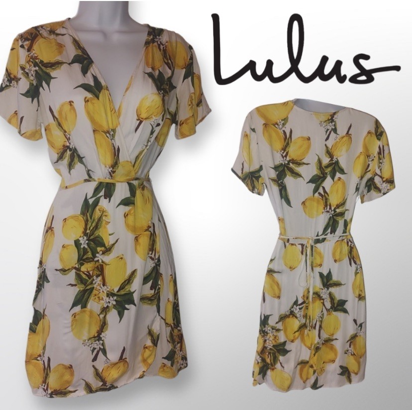 Lulu’s Lemon Print Wrap Dress, Size S, Yellow and White