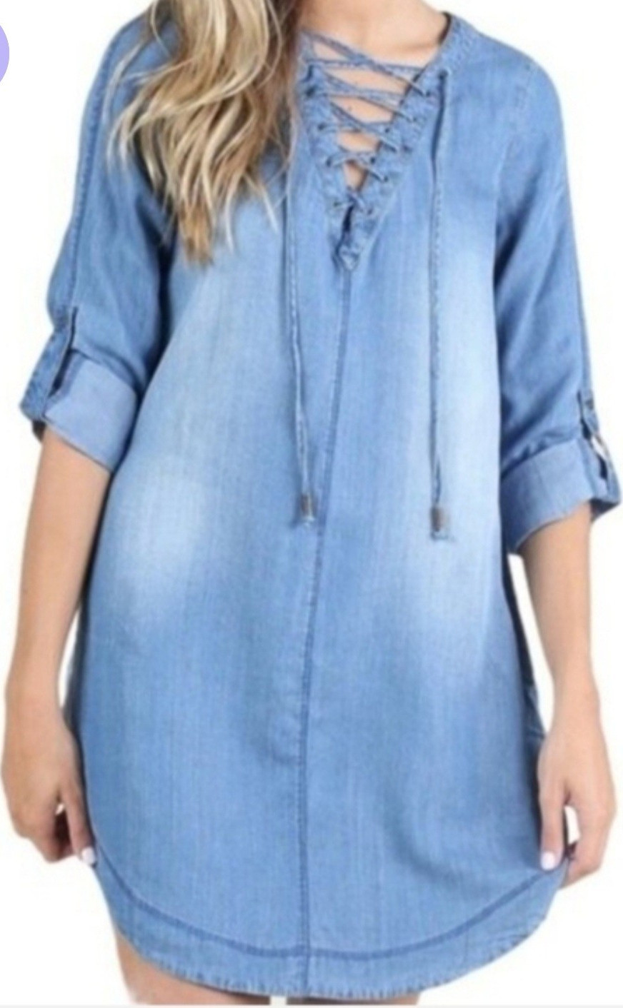 Altar’d State Blue Denim Lace-Up Shift Dress M 3/4 Roll Tab Sleeve V-Neck