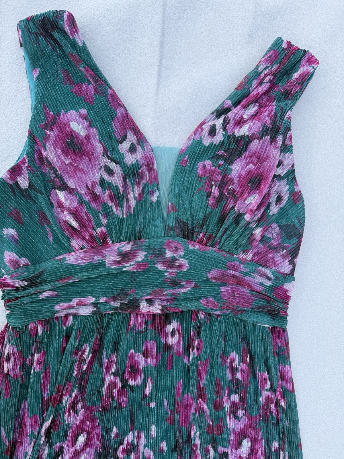 R&M Richards Women’s Floral Pleated Maxi Dress – Teal/Purple Shimmer – Size 18