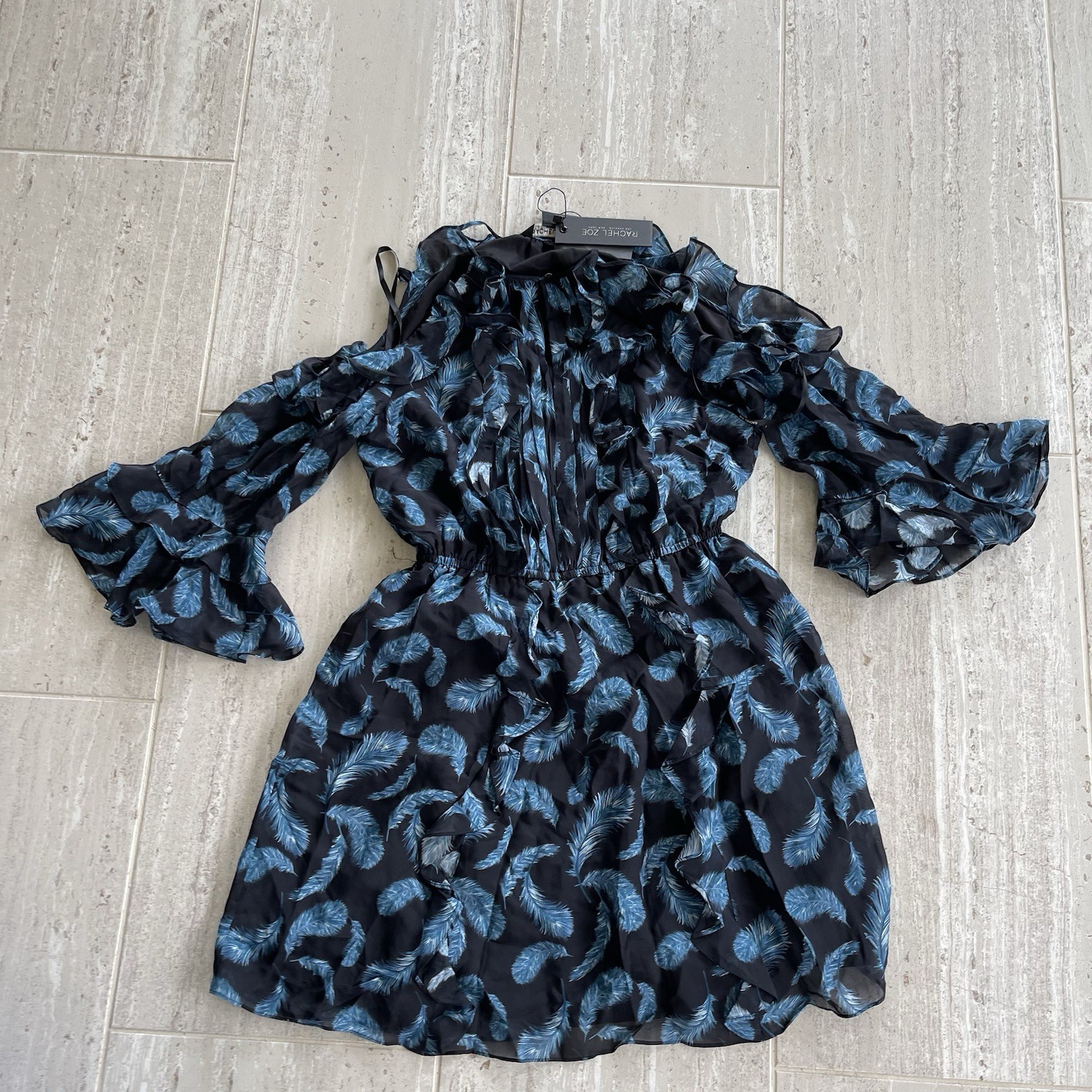 Rachel Zoe Women’s 100% Silk Cold Shoulder Dress Size 6 Black With Blue Feathers