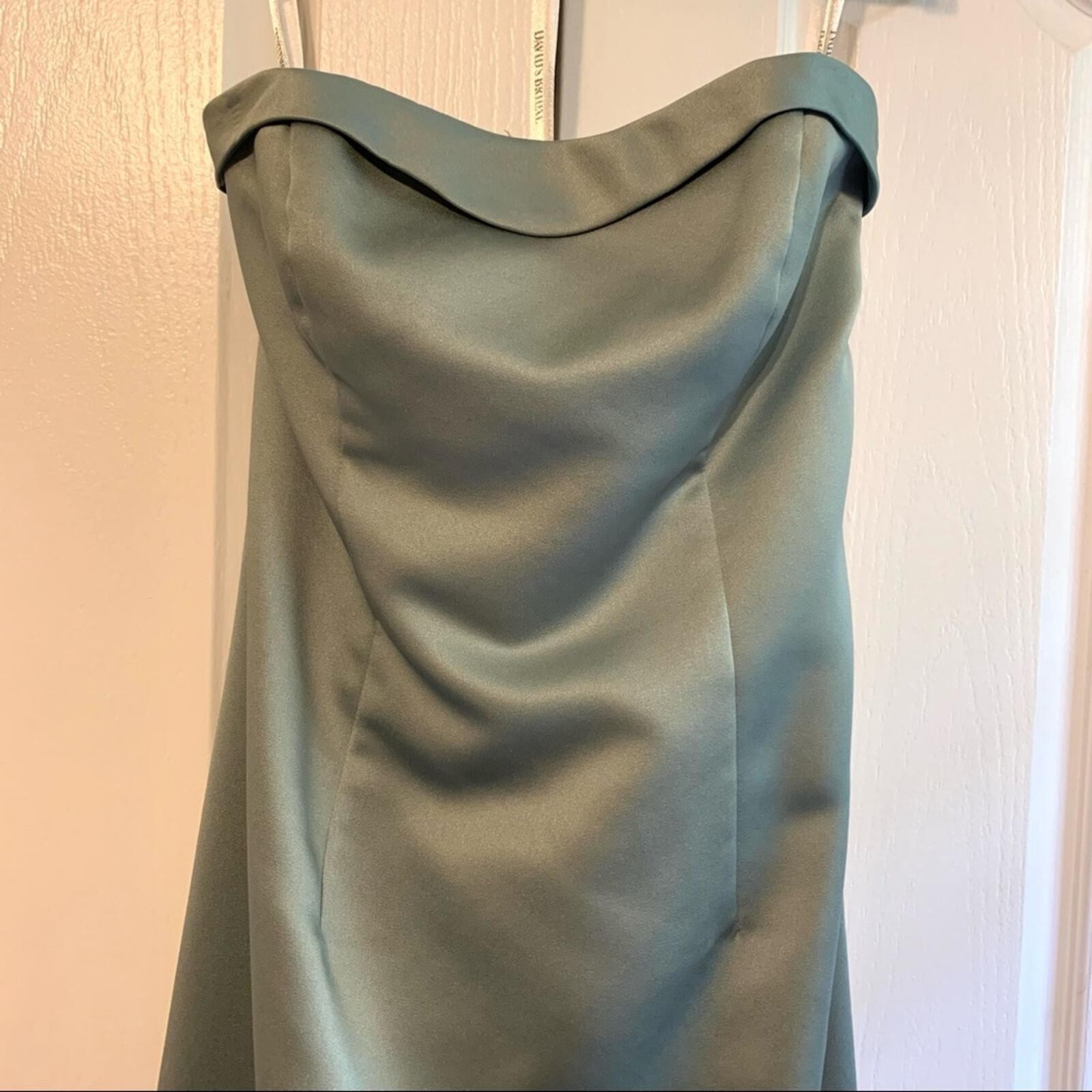 DAVID’S BRIDAL Dusty Sage Green Strapless Sweetheart Neck A-Line Gown With Train