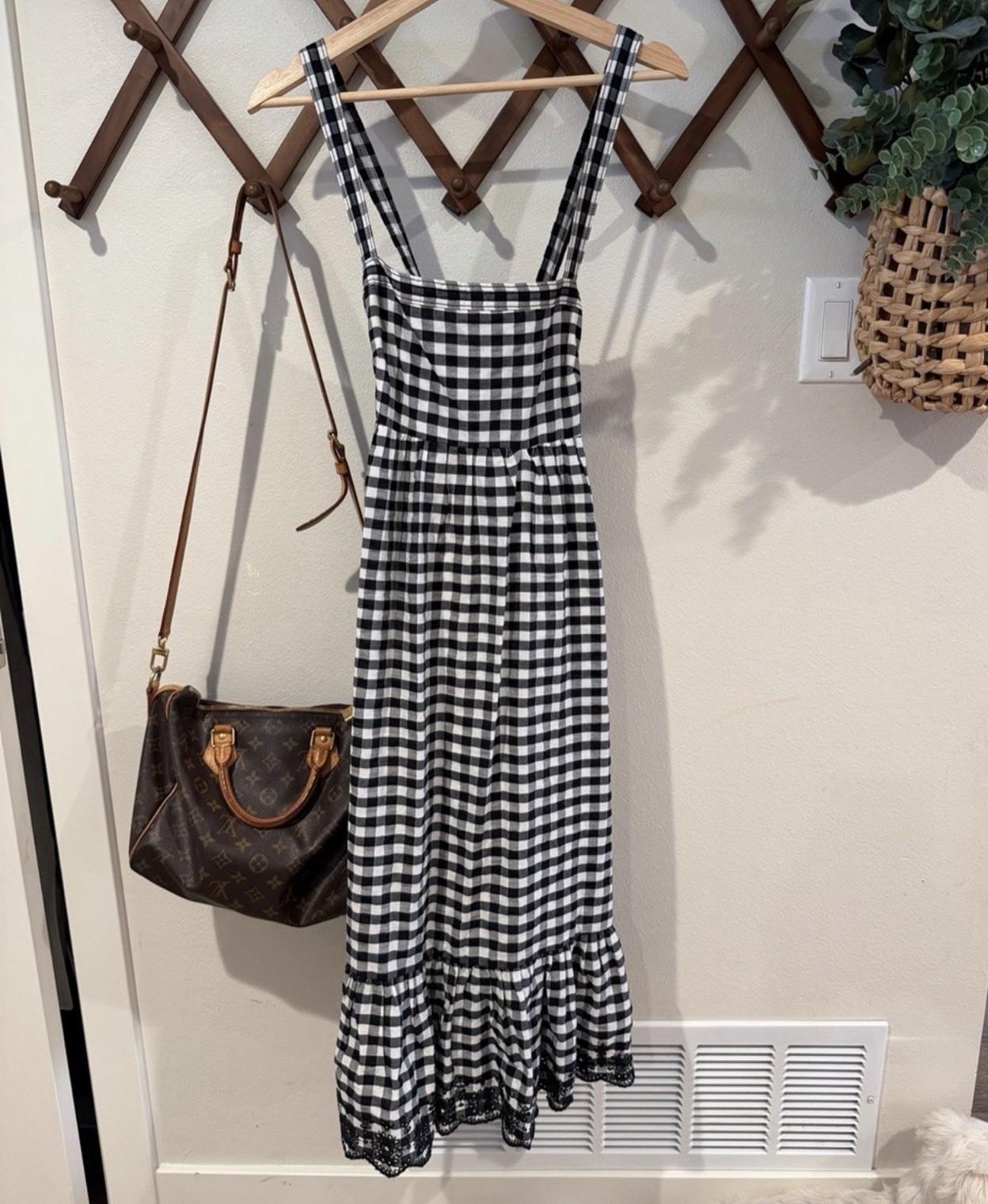 J.CREW Black/White Gingham Square Neck Sleeveless Midi Sundress 6 Ruffle