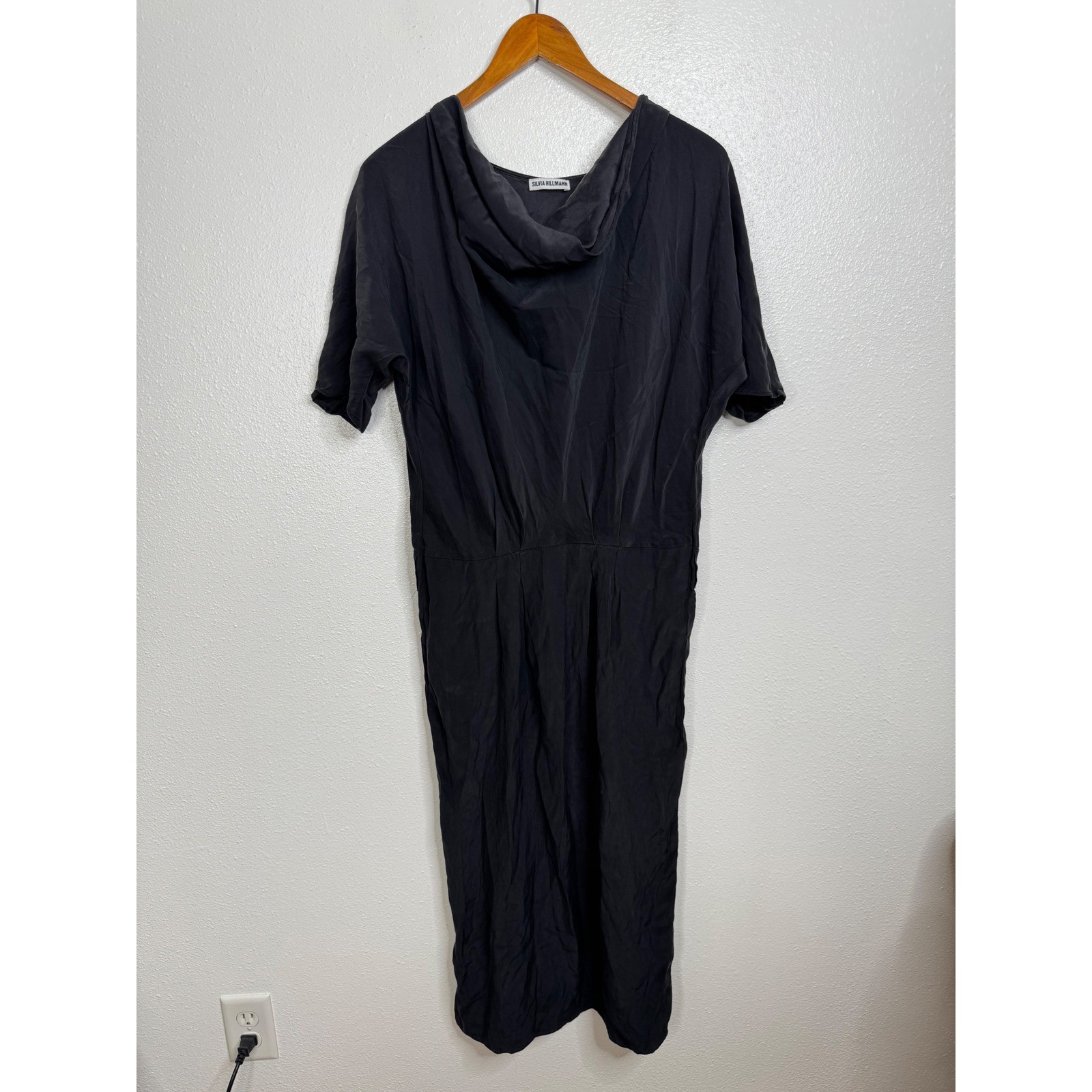 Silvia Hillmann Black Cowl Neck Draped Midi Dress with Pockets Womens Minimalist
