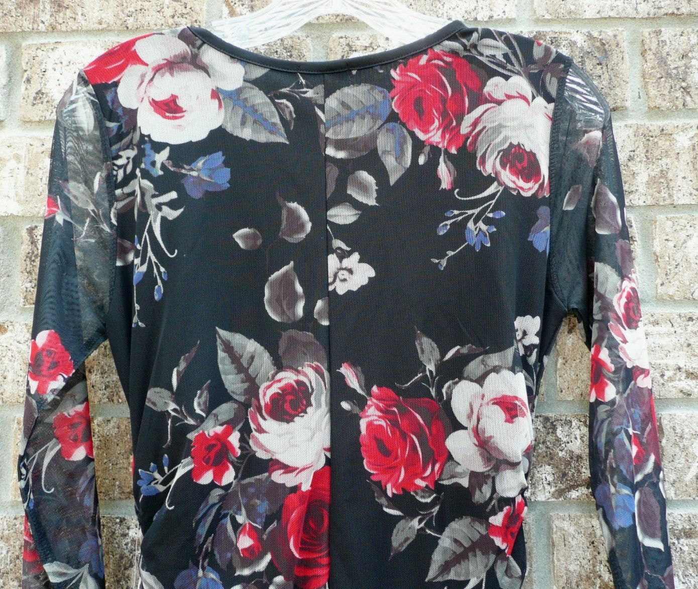 J for Justify Dress Size M Hem Tie Ruched Bodycon Black Floral Roses Long Sleeve