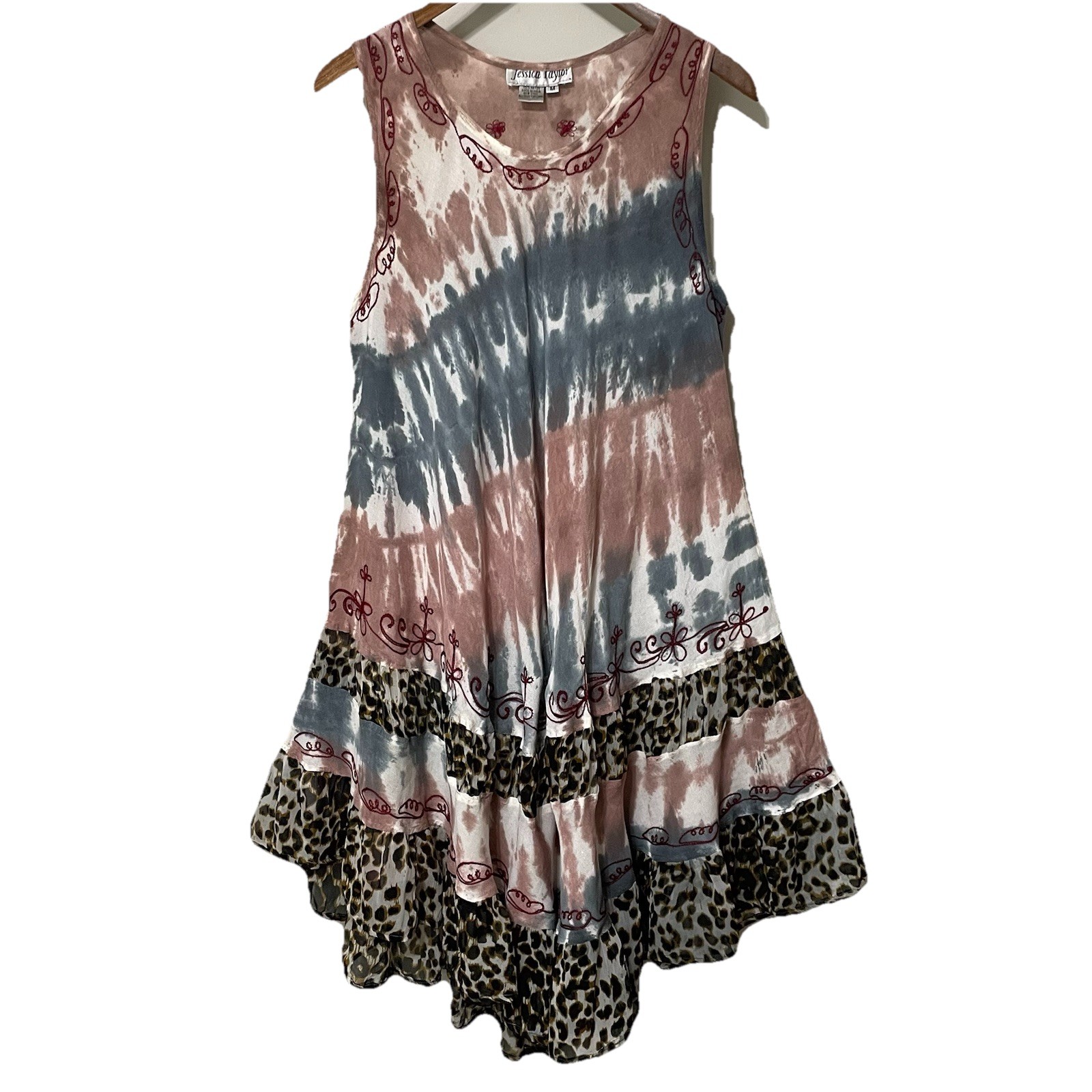 Vintage Jessica Taylor Dress Brown & Leopard Tiered Embroidered Boho Gypsy Sz M