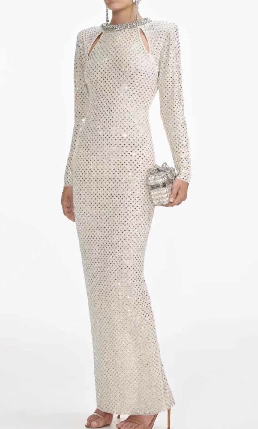 self portrait CREAM RHINESTONE DIAMANTE TRIM MAXI DRESS $870 (UK 8, US 4)