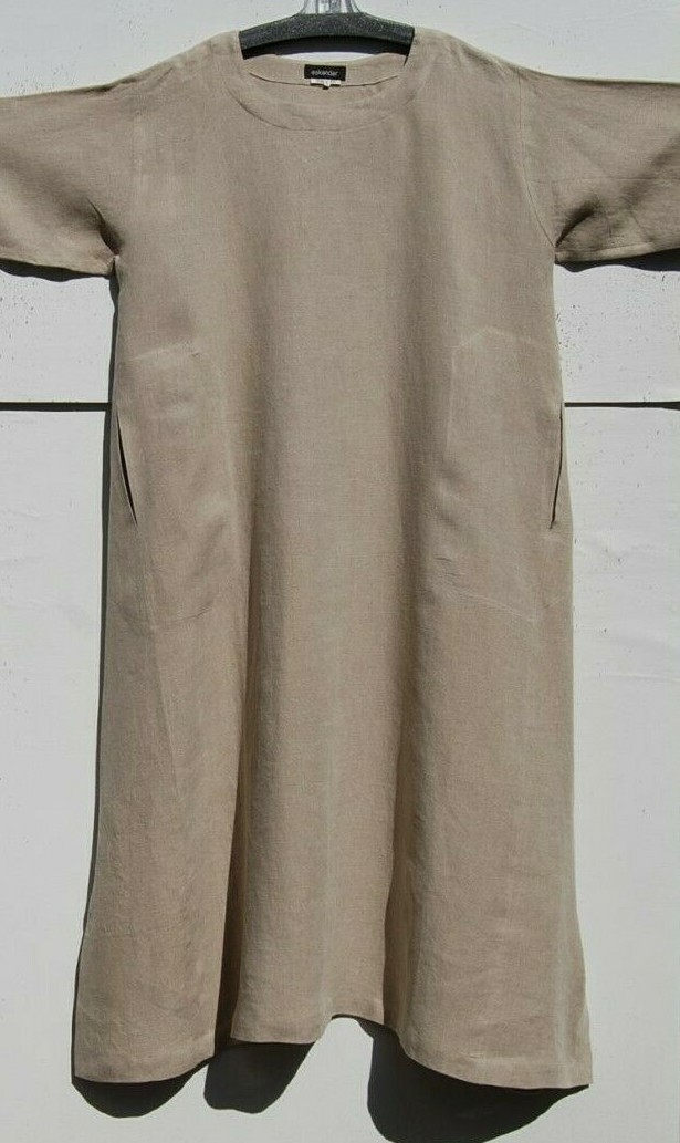 Eskandar Size (1) NATURAL Medium Weight Linen 52″ Long Imperial Dress w/Pockets