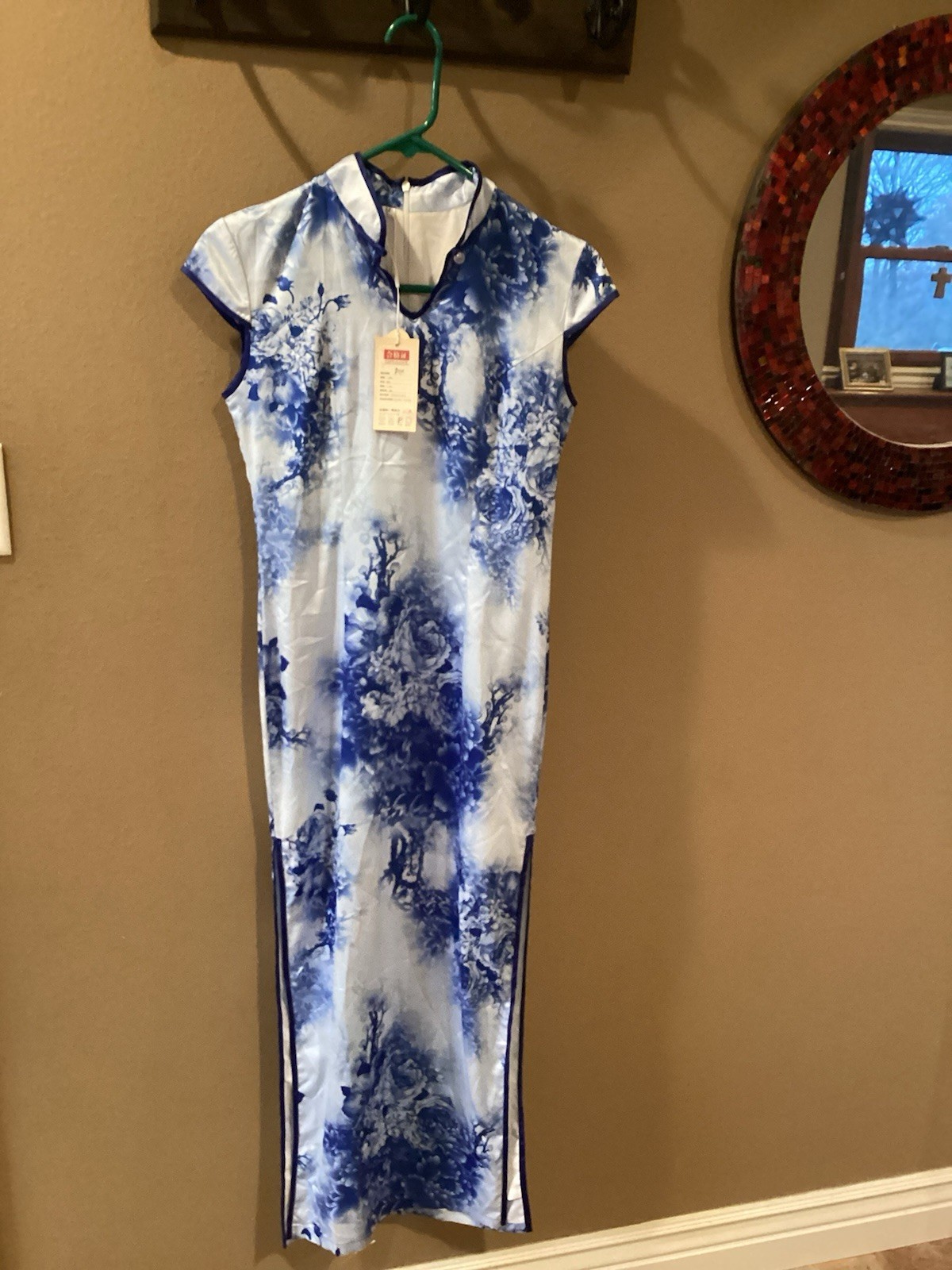 Oriental Blue/White Floral Sleeveless Maxi Dress ZipUp Back Size M Long Slit NWT