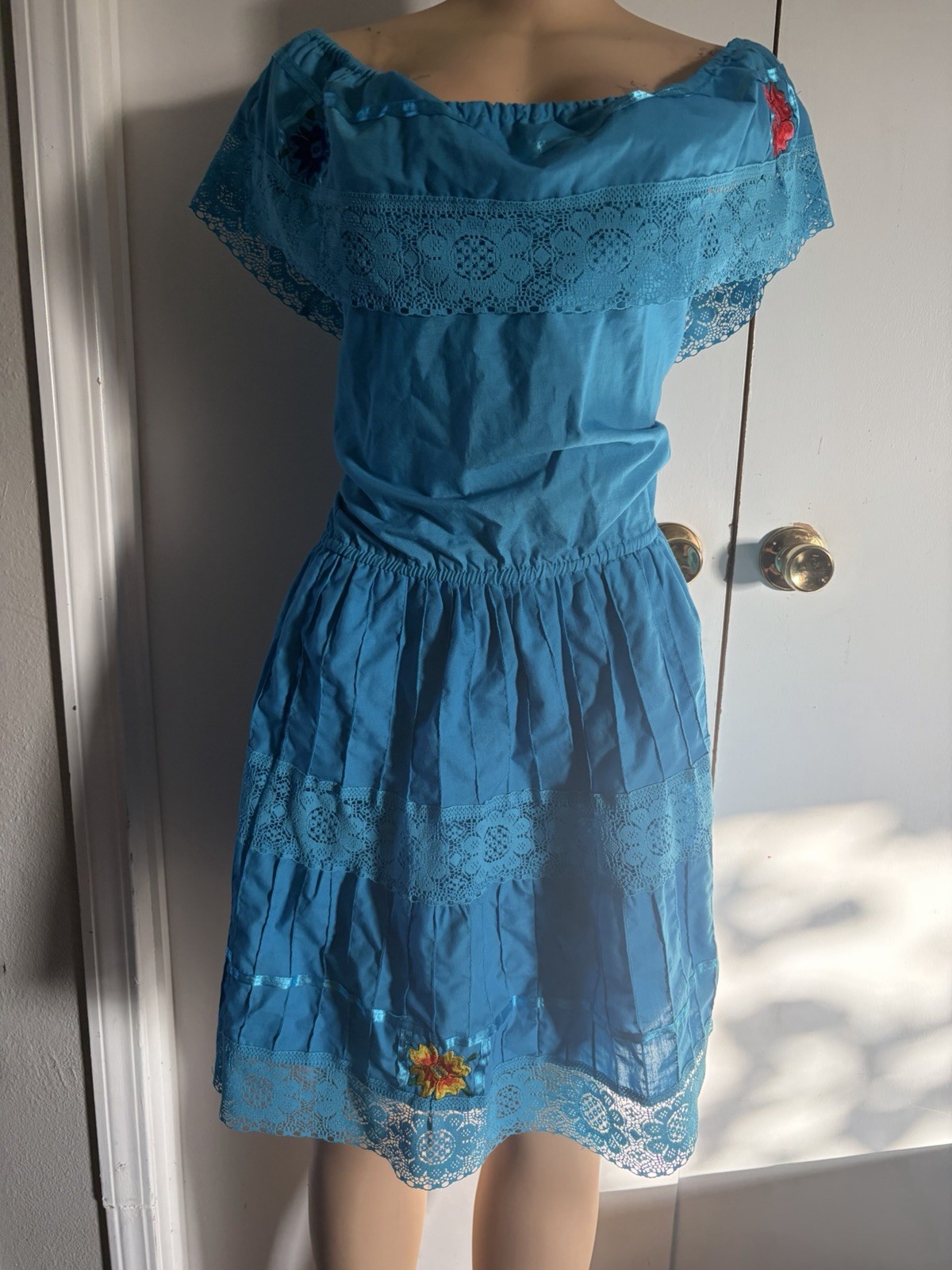 Blue Floral Off Shoulder Lace Embroidered A-Line Knee Dress One Size m