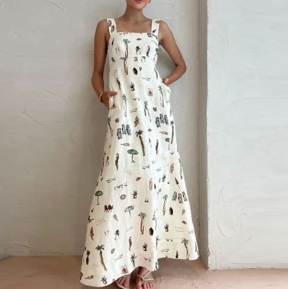 Women Square Neck Floral A-line Tank Midi Dress