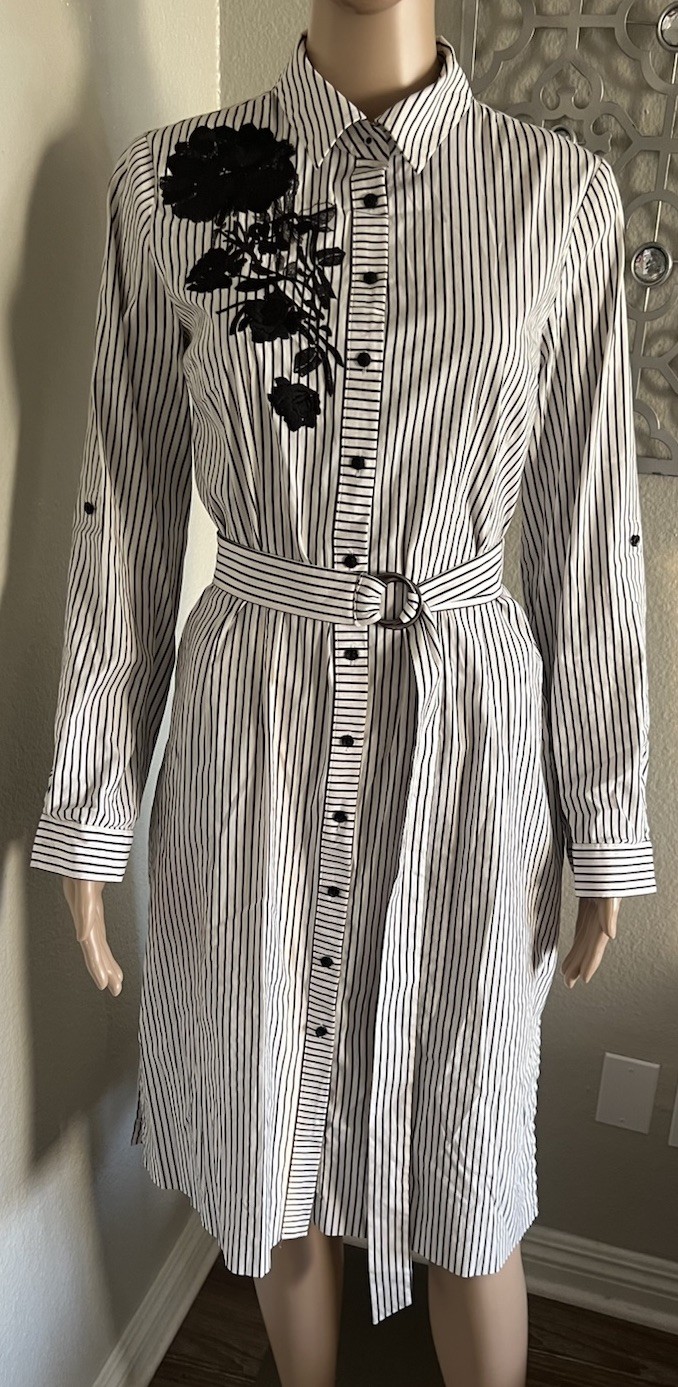 ELIE TAHARI Embroidered Nautical Striped Belted Button Down Shirt Dress sz S
