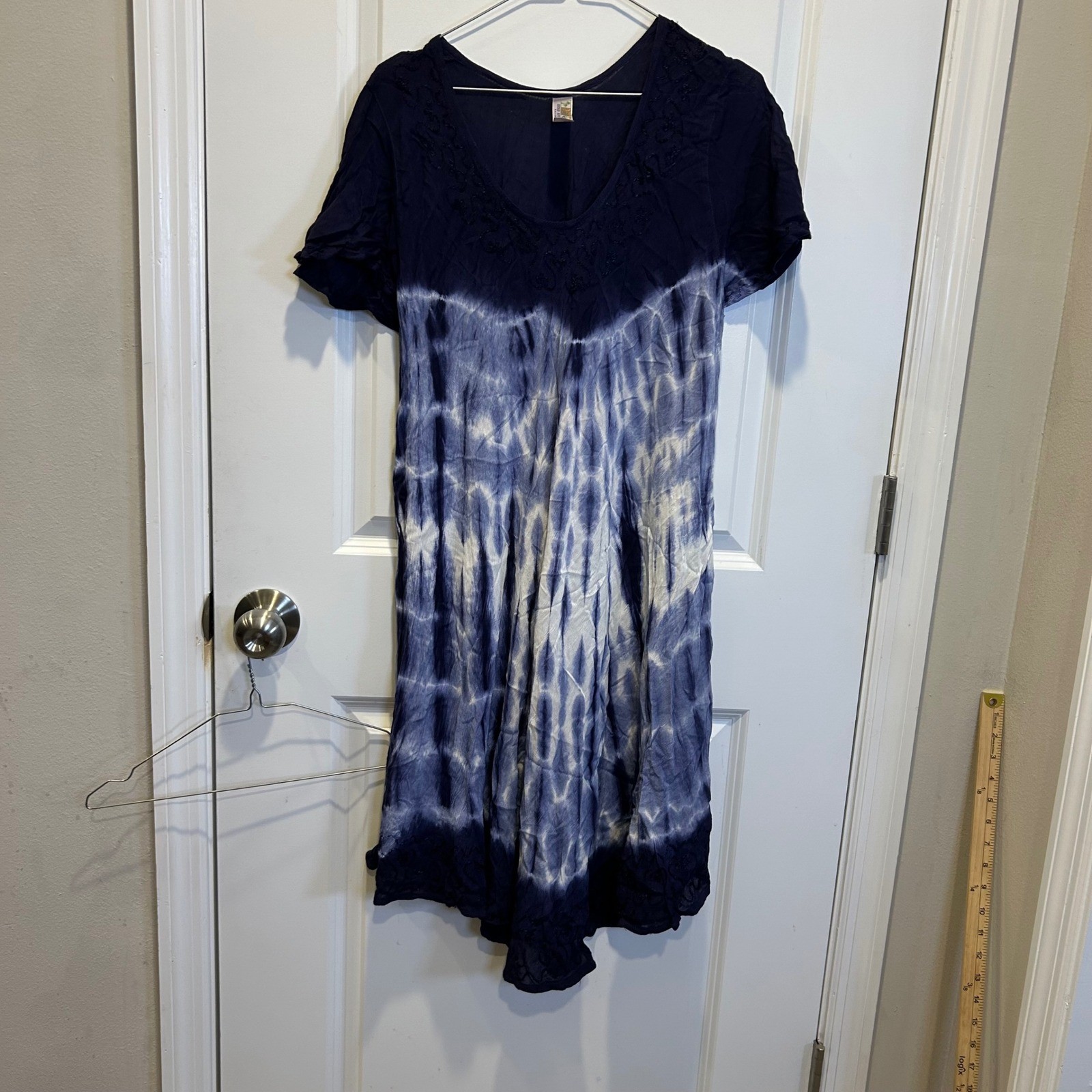 India Boutique Women Dress Tie Dye Embroidery Navy Blue White OSFA