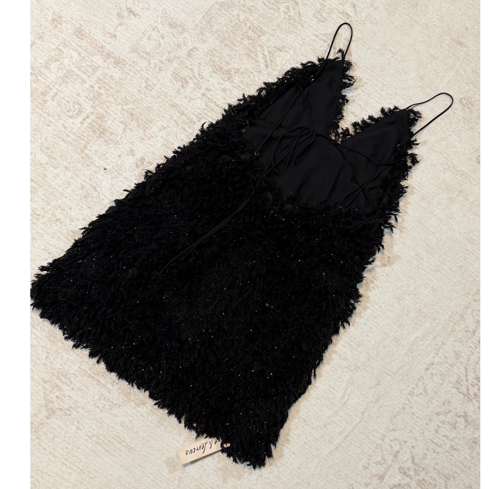 For Love & Lemons Black Shaggy Tinsel Mini Dress Backless Party Womens Medium