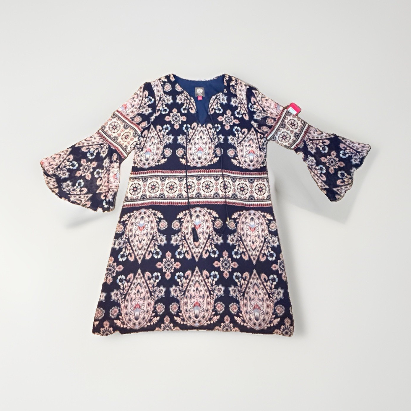 Vince Camuto 12 Paisley Shift Dress V-Neck Bell 3/4 Sleeve Knee Pullover