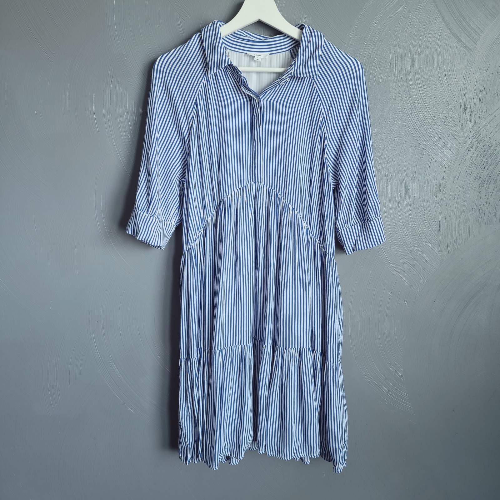A LOVES A Dress Womens Size SMALL Blue Striped 3/4 Cuffed Sleeve Button Up Shirt