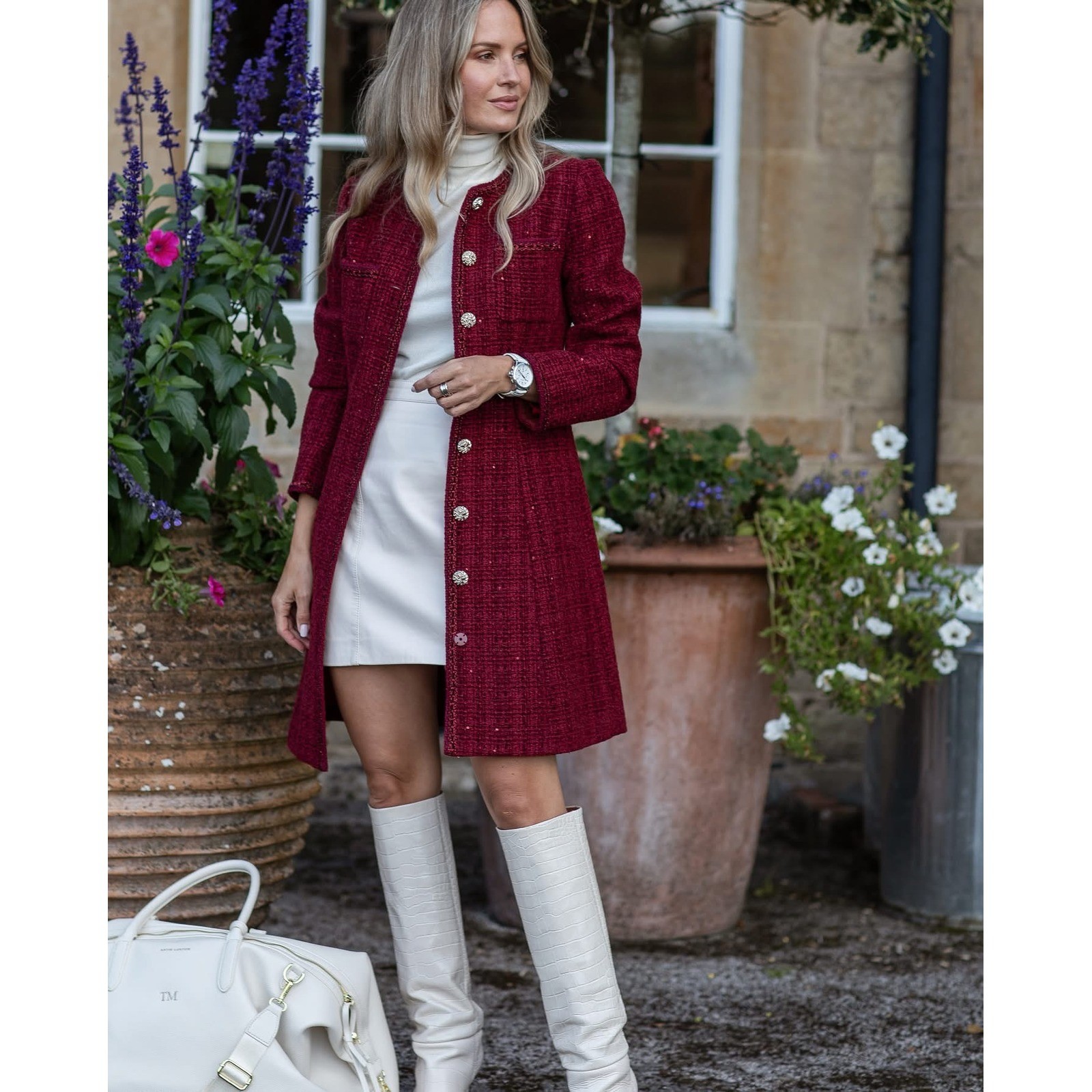 GOELIA Red Tweed Button Front Mini Coat Dress Belted US 6 EU 38 Medium