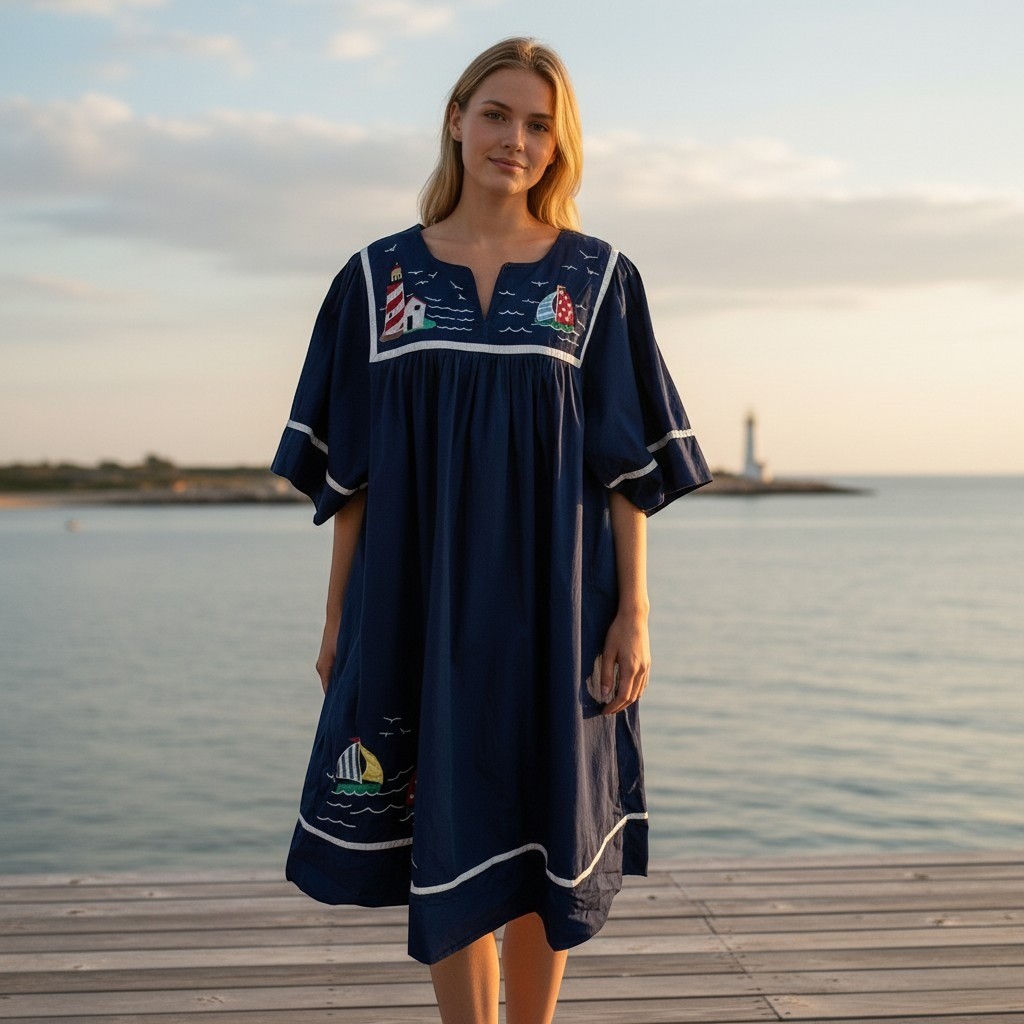 Bechamel Womens Large Muumuu Dress Blue Nautical Lighthouse Sailboat Embroidered