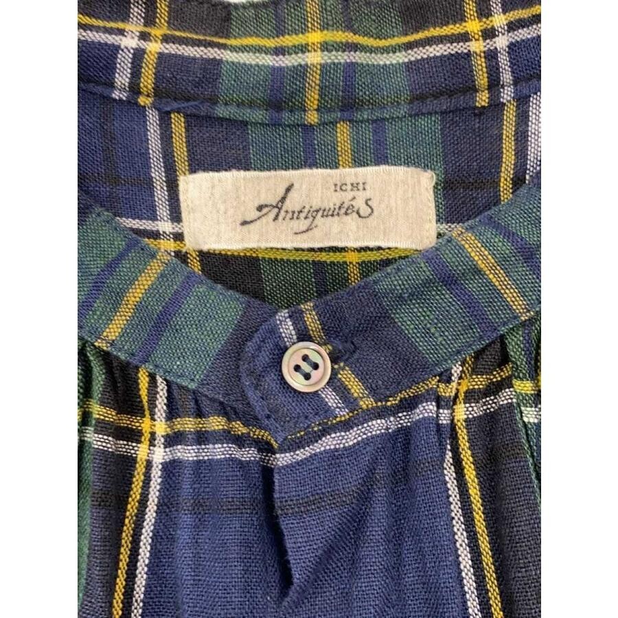 ICHI Antiquites Green Tartan Check Linen Gauze Gathered Dress Women M 120cm