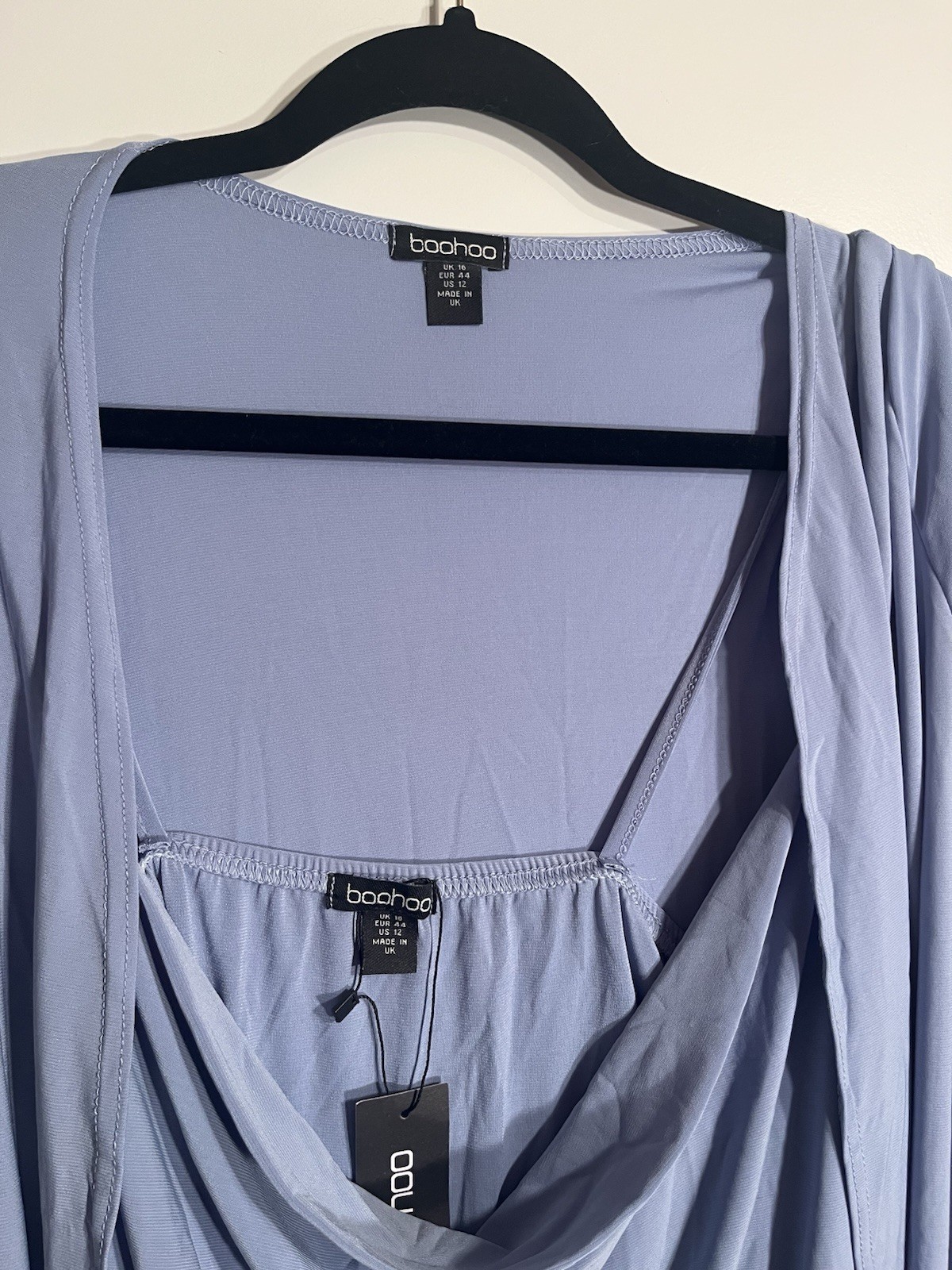 Boohoo NWT 2 Piece Dusty Blue Cowl Neck Mini Dress Long Duster Set US 12