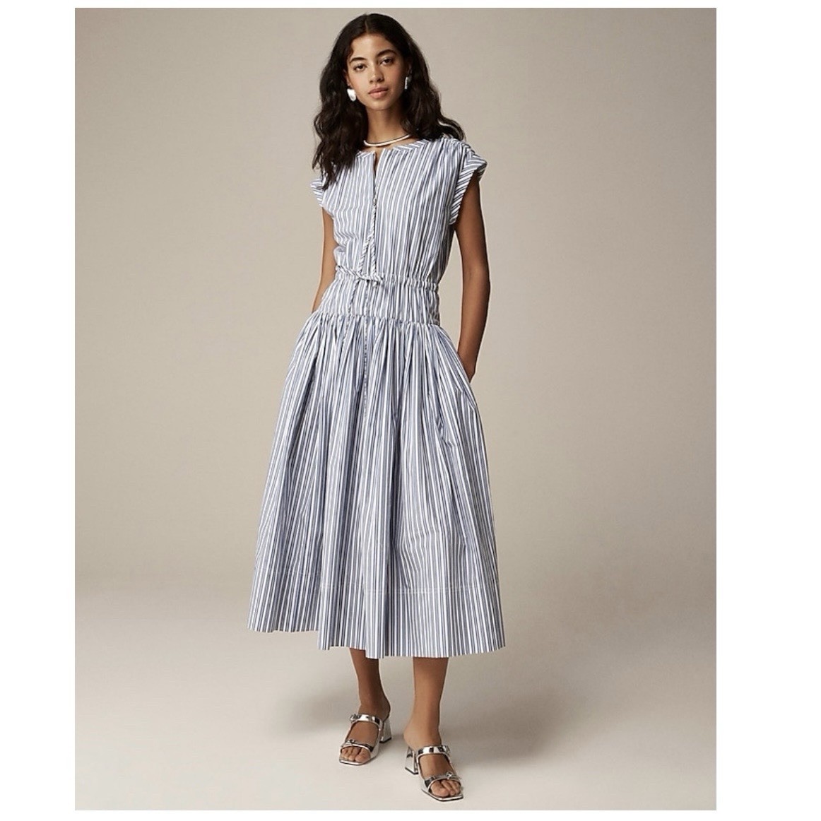 J.Crew Striped Cotton Poplin Drop Waist Midi Dress Size Large Blue White Pockets