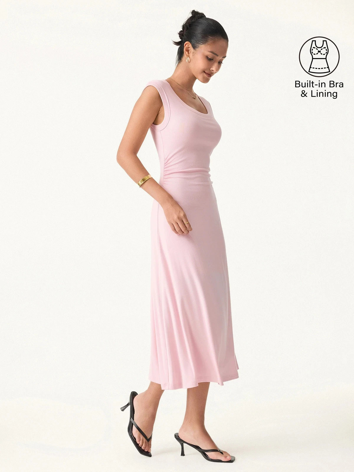 OGL Sleeveless Ruched Built in Bra Cotton Knit Midi Dress S Pink Fully Lined