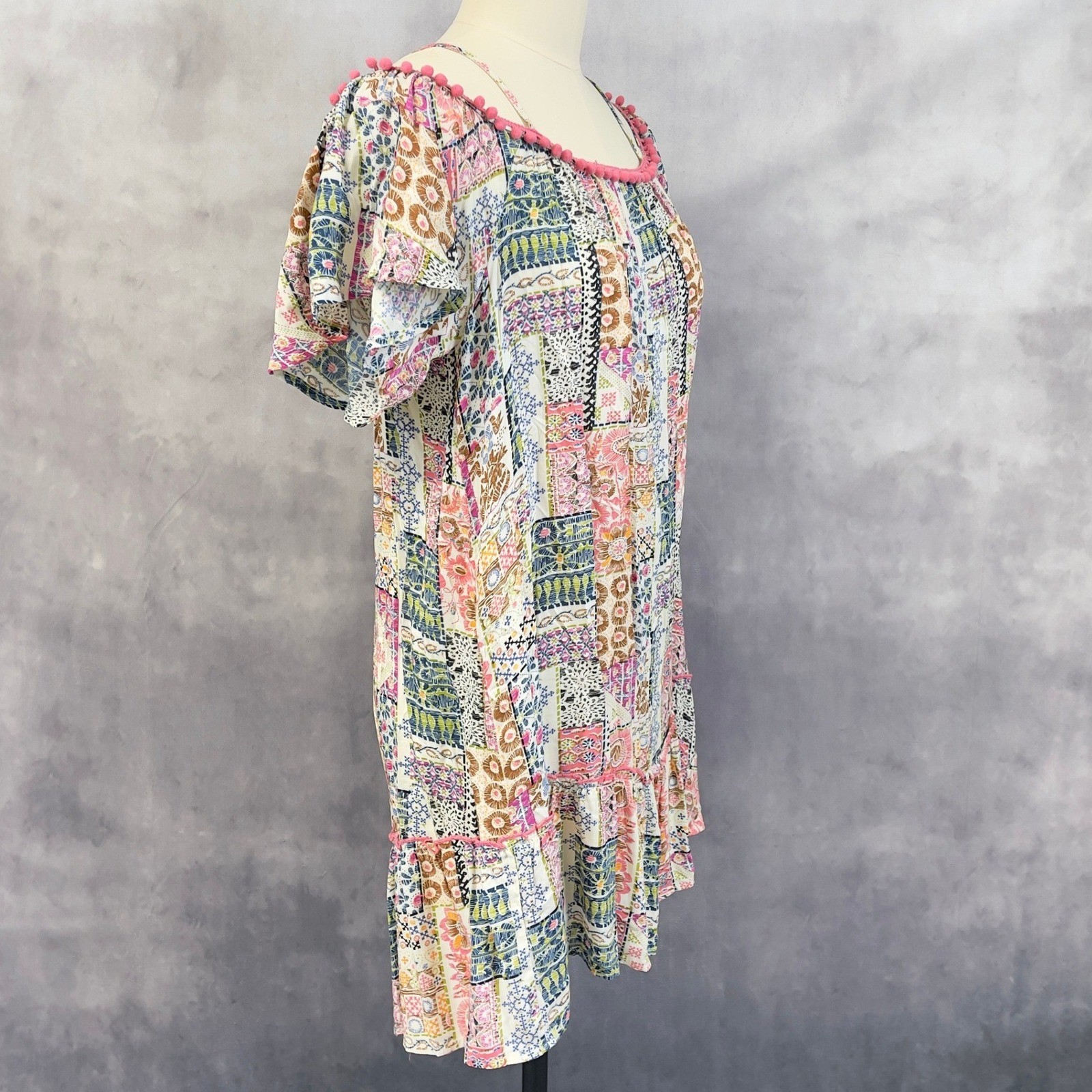 Umgee Patchwork Cold Shoulder Tunic Mini Dress Women Small Flowy Boho Indie Pom