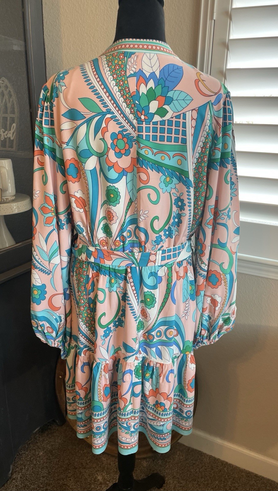 ADRIANNA PAPELL Long Sleeve Retro Print Dress Short Tie Waist Flowy Flouncy 14