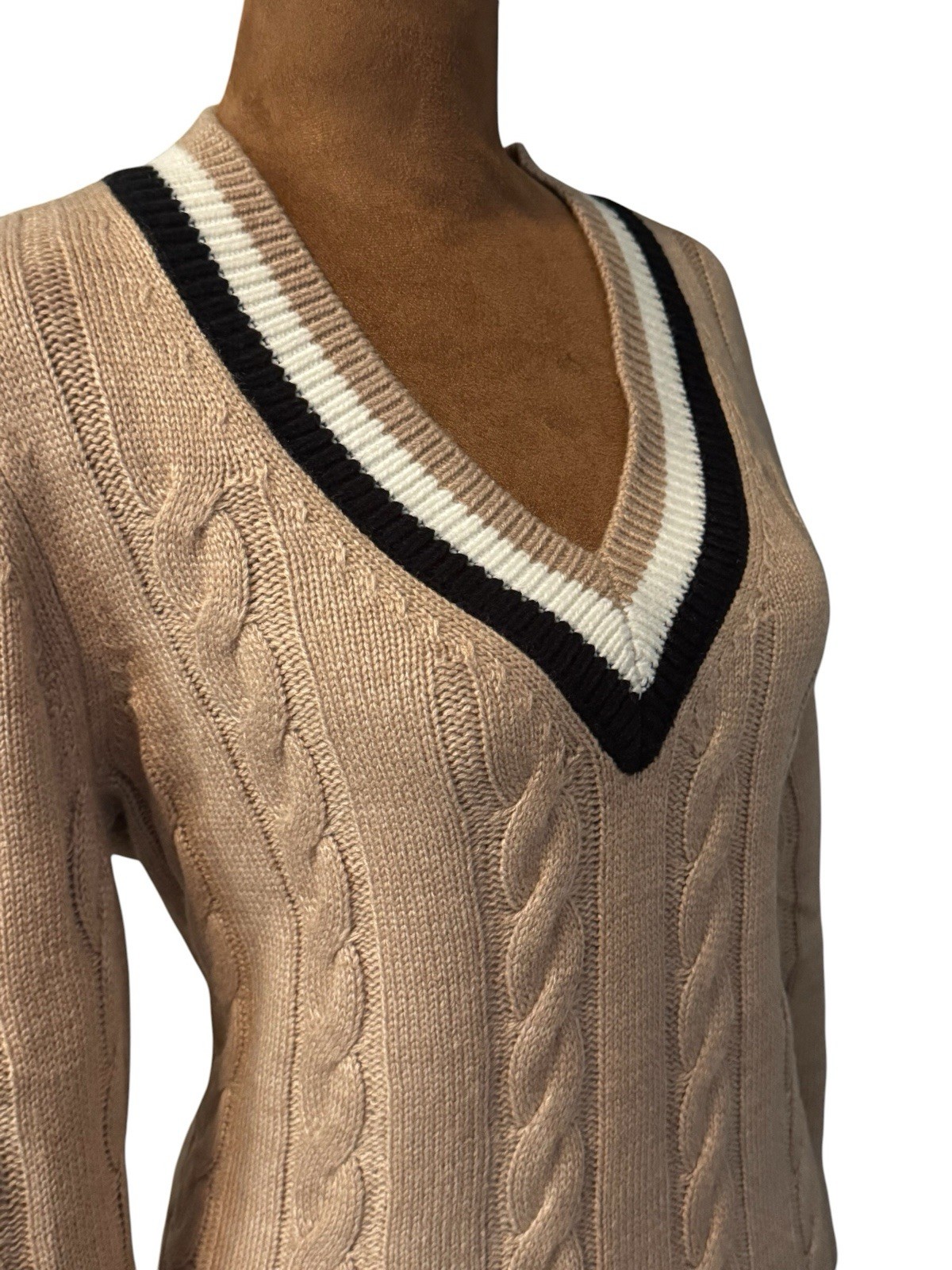 Tommy Hilfiger Chunky Cable Knit Varsity Dress M V Neck Camel Preppy Old Money