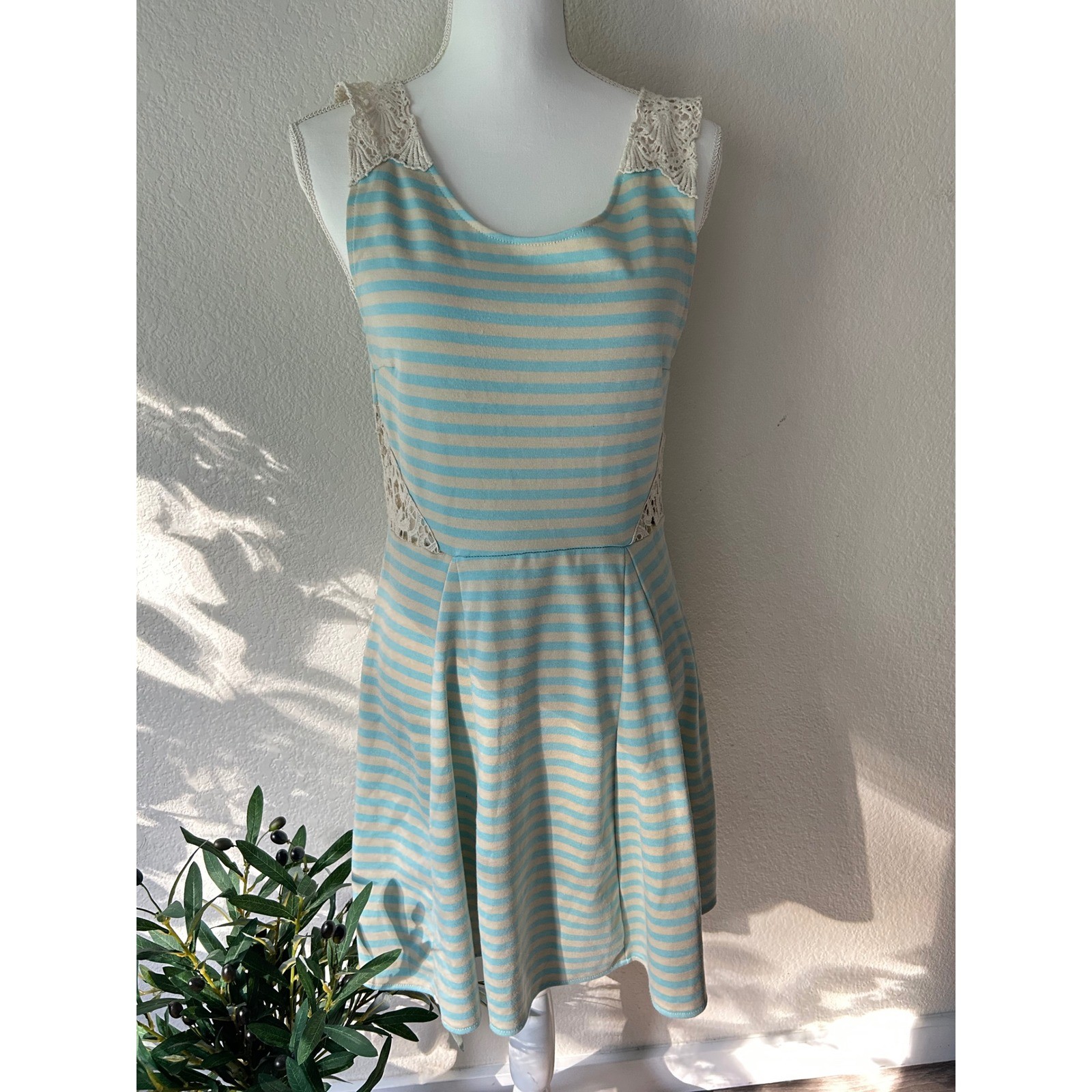 Poof Couture Blue Cream Striped Crochet Lace Cutout Fit Flare Dress XL Womens