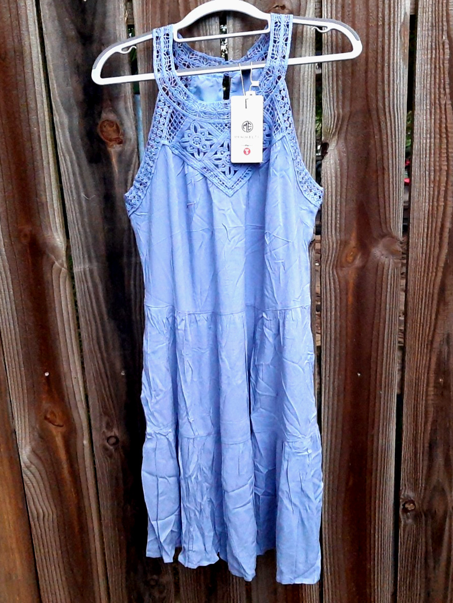 MEROKEETY Summer Halter Sundress Beach Vacation Flowy Tiered Swing Periwinkle S