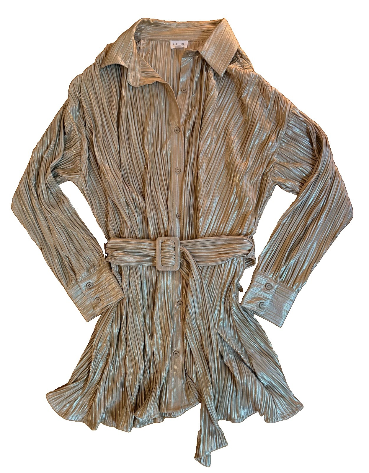 Lelia Gold Pleated Belted Shirt Dress Collared Long Sleeve Button S