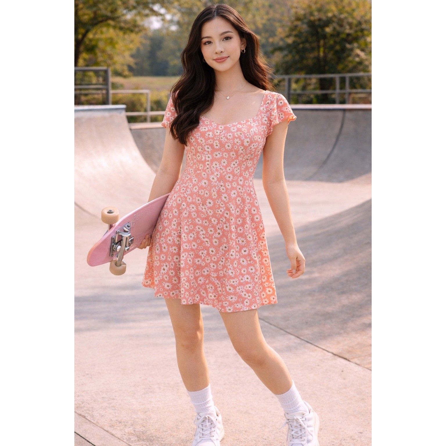 Hurley L Womens Daisy Floral Smocked Back Skater Mini Dress Coral