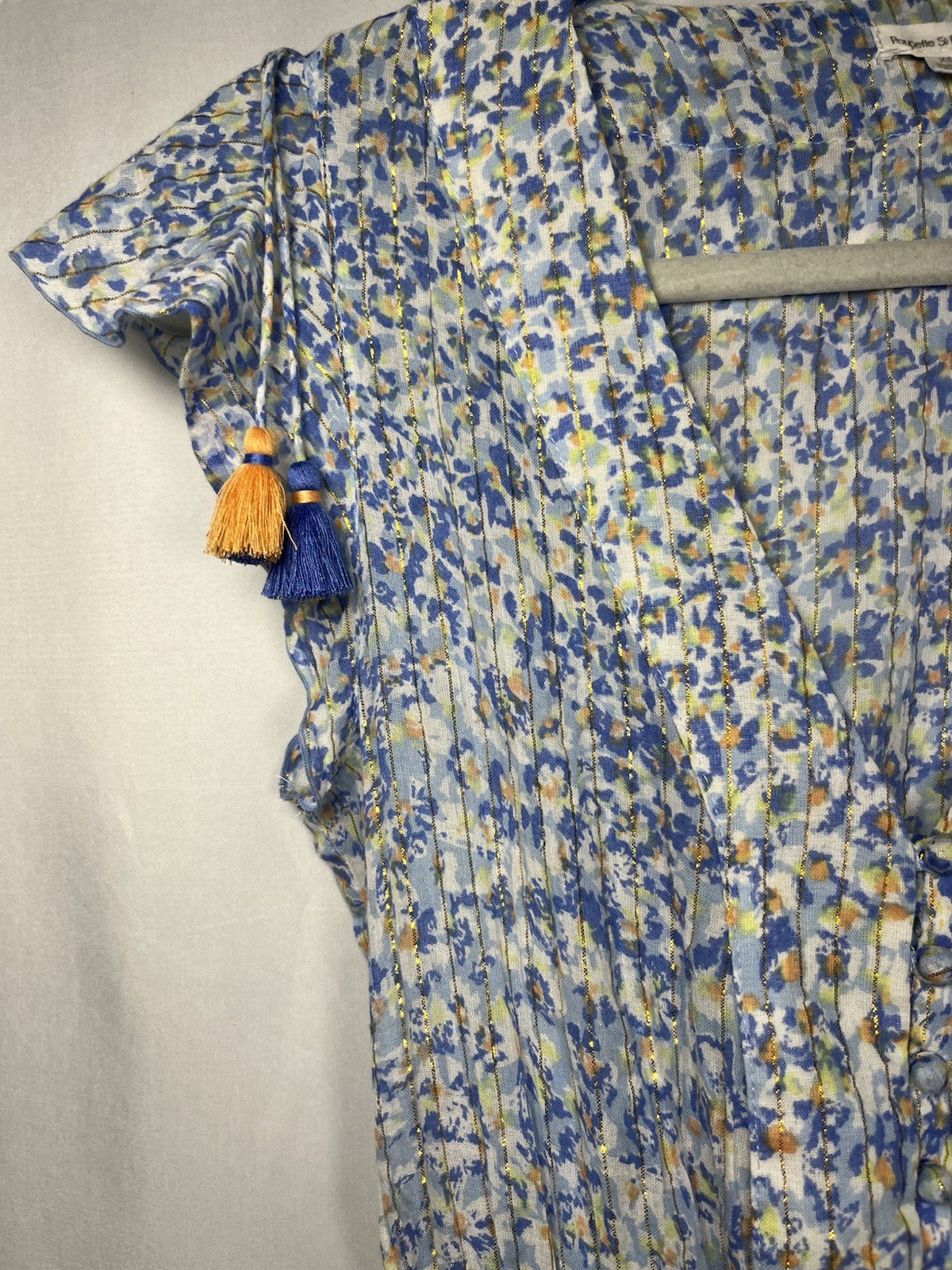 Poupette St Barth Rachel Blue Gold Lurex Floral Cotton Boho Mini Dress Sz Xs
