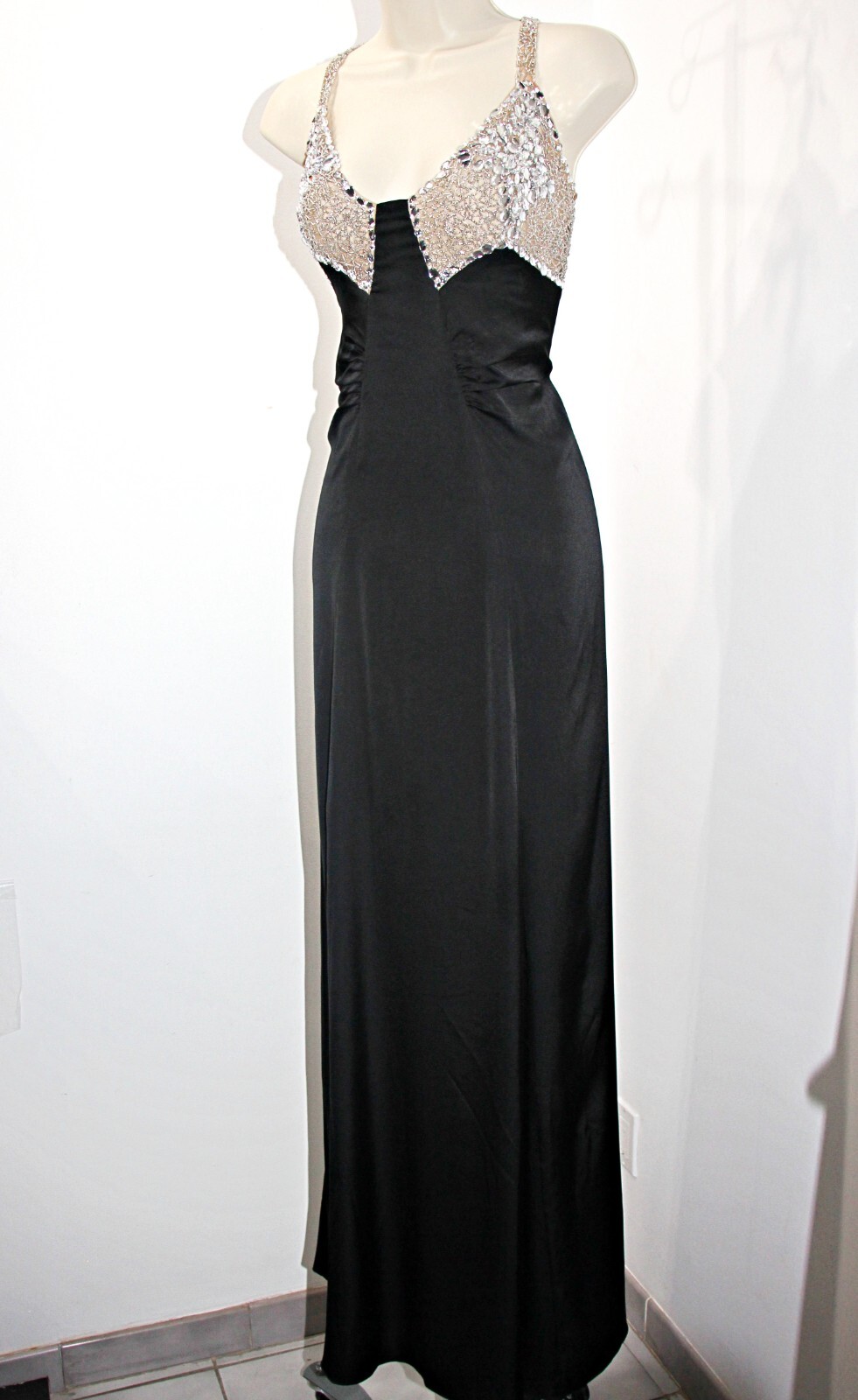 PatBO crystal-beaded side-high-slit open-back black satin gown sz 10 $995