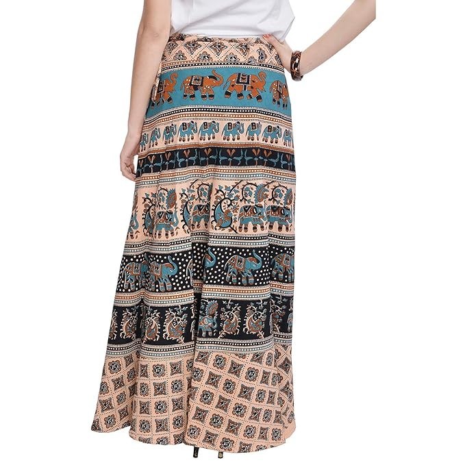 Women’s Cotton Jaipuri Printed Long Wrap Around Full Size Maxi Skirt Beige colr