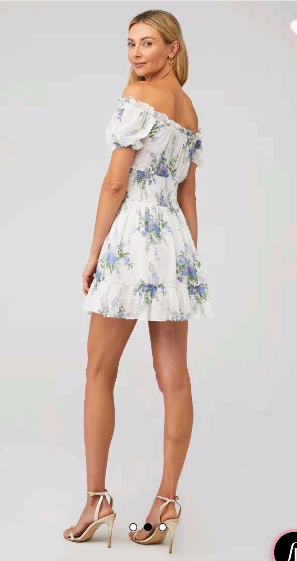 LoveShackFancy White Lai Off Shoulder Smocked Ruffle Mini Dress L
