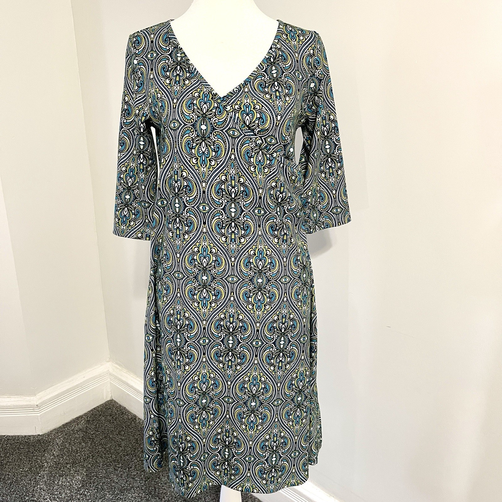 Prana Nadia Veeda Dress Womens Medium Paisley Faux Wrap Hidden Hem Pocket