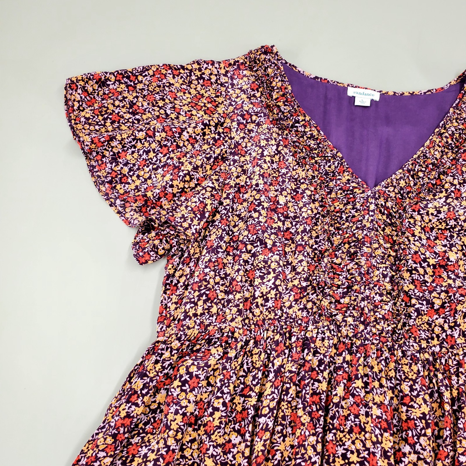 Sundance Womens Size L Boho Dress Mulberry Crepe Floral V Neck Flutter Sleeve