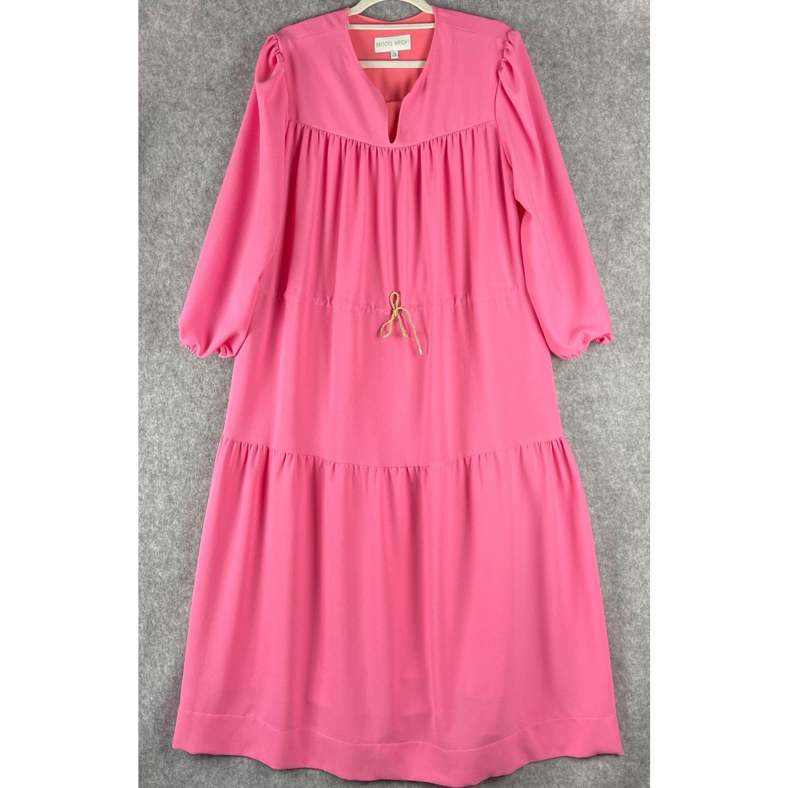 Brooke Wright Tiered Maxi Dress Womens Large XL Pink Cinch Waist Rayon Vibrant