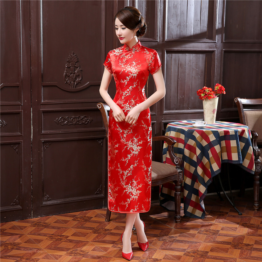 Chinese Traditional Long Cheongsam Women Silk Satin Qipao Dress Wedding Gown