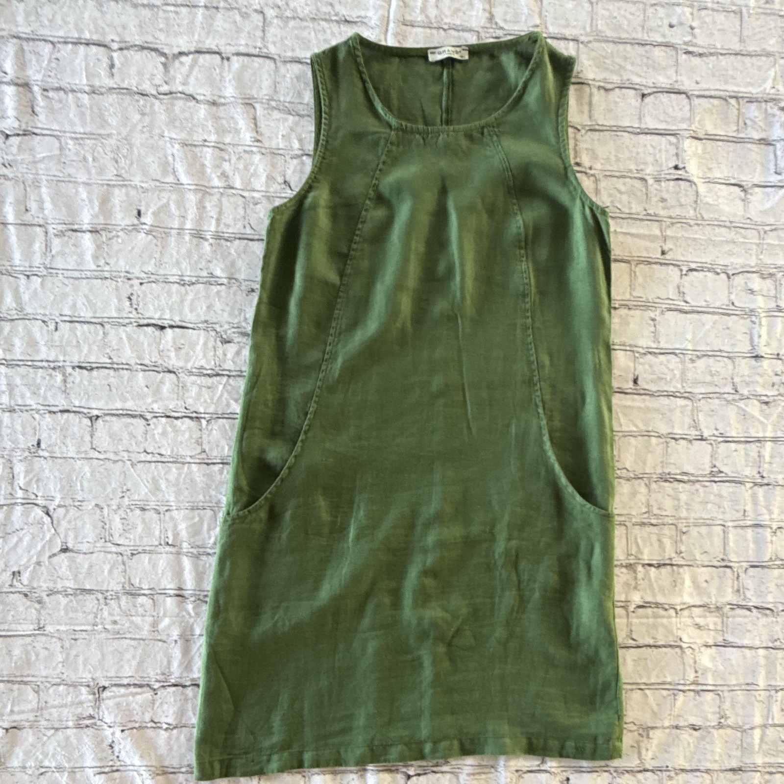 GRAND Greece Women’s Green Linen Shift Dress Scoop Neck Sleeveless Pockets M
