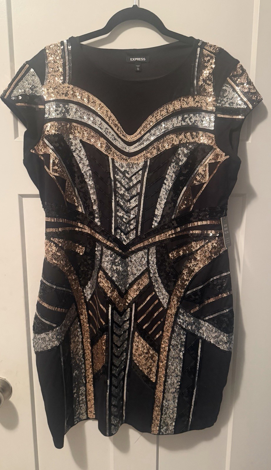 Express Women’s XL Black Gold Silver Sequin Geometric Bodycon Mini Dress